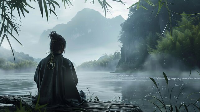 Embodying Laozi's Taoism: A Wise Person by a Misty River, Showcasing Balance, Harmony, and Effortless Flow