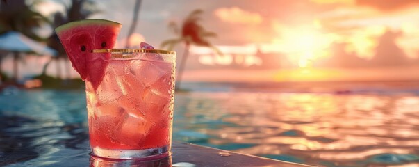 Elegant glass of watermelon lemonade with goldrimmed glass, luxury poolside setting, sunset, Realism, Warm glow