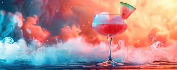 A spicy watermelon cocktail with a smoke effect and neon glow, psychedelic colors, watercolor technique, abstract and surreal