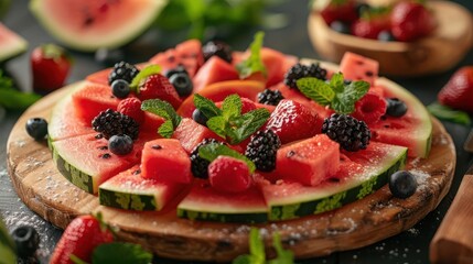 Watermelon pizza topped with various fruits and mint leaves, served on a wooden board, Fantasy, Pastel Colors, Detailed, Captured with a wideangle lens to show the full scene
