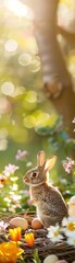 Fototapeta premium A cute rabbit sits in a sunlit forest surrounded by colorful flowers and foliage, capturing the essence of spring and nature's beauty.