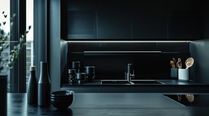 clean kitchen with minimalist black ceramics, cinematic view AI generated image