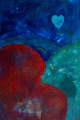Corazón rojo abstracto con formas abstractas en verdes y azul. 