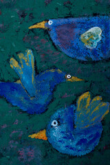 Aves abstractas grandes, de color verde con color azul, arte en acrílico. 