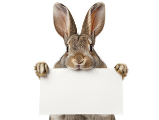 Fototapeta premium cute rabbit holding blank sign: adorable tabby kitty with white paws,isolated background