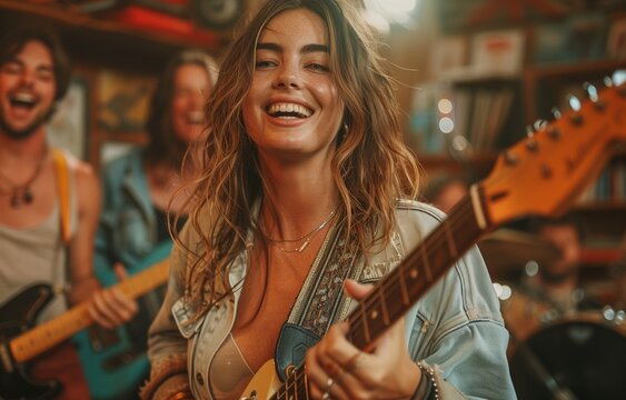 Female rock band performing and singing in a home studio, laughing and enjoying their music together
