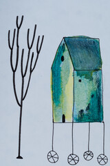 Ilustración de Acuarela con una casa naturaleza- Arte Minimalista