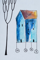Ilustración de Acuarela con una casa naturaleza- Arte Minimalista