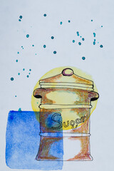 Tarro de azúcar con colores acuarela amarillo y azul, delineado con pluma sobre fondo blanco. 