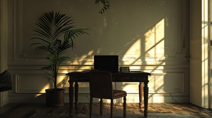Vintage home office with a desk, chair, and plant