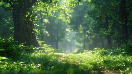 Natural dorest of woods with sunbeams through fog and leaves branch create mystic atmosphere. sunny morning in green forest