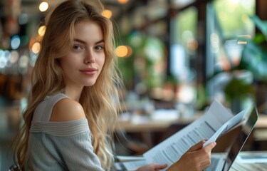 A fashionable professional woman organizing paperwork in a contemporary office setting, focused on her task