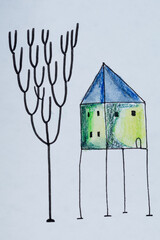 Ilustración de Acuarela con una casa naturaleza- Arte Minimalista