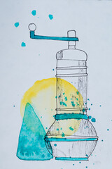 Molinillo de café en colores acuarela marcado con tinta en fondo blanco
