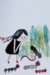 Niña viendo algunos animales en colores de acuarela, vestida de negro con dos coletas, cabello negro y moños rojos 