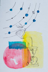 Mano sirviendo café en colores acuarela, sobre fondo blanco, tarjeta postal.