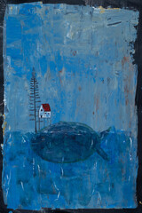 Sueño Abstracto: Casa y Sol en Paisaje Azul