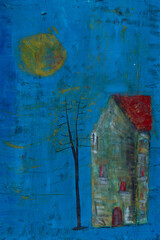 Sueño Abstracto: Casa y Sol en Paisaje Azul