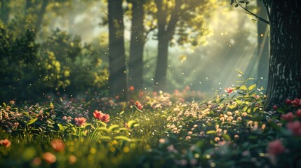 Natural dorest of woods with sunbeams through fog and leaves branch create mystic atmosphere. sunny morning in green forest