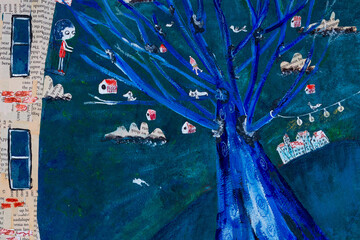 Sueño abstracto: árbol azul con fondo verde y algunas casas, arte abstracto.