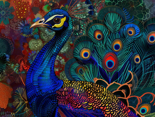Fototapeta premium A colorful peacock with a blue head and green and yellow feathers