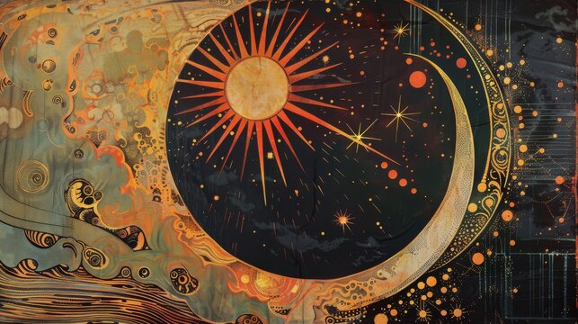 Vintage moon portrait with golden art deco design for mystical or cosmic themes