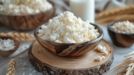 Top view of milk and cottage cheese on wooden board with Jewish holiday decorations, white background