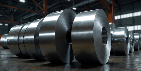Rolls of metal sheet. Zinc, aluminium or steel sheet rolls on in factory.	