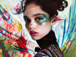 A woman with a colorful face paint and a black top