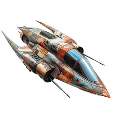 A space ship with a red nose and a blue cockpit