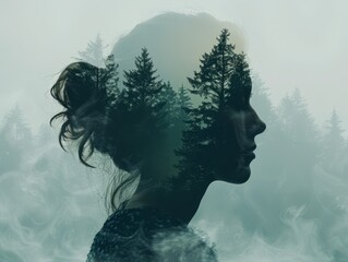 Fototapeta premium Silhouette of a woman blended with a forest landscape