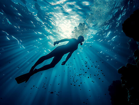 Silhouette Of A Swimmer With Underwater Scenery