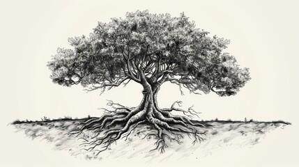Vintage tree with roots in a tropical jungle for ecological designs