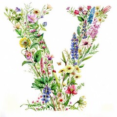 Watercolor Upper Case Letter V Made with Wild Flow
