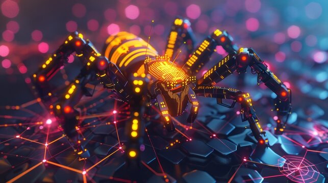 Yellow Spider Robot Cyber Cobweb With Neon Lights, AI Generated Image