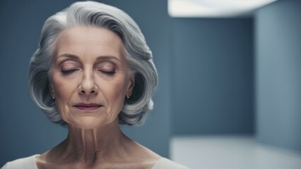 Portrait of an elderly woman with long, silvery-gray hair, beautifully framing her wise and serene face. The minimalistic background. 