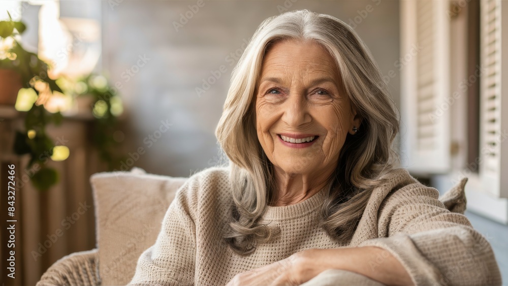 Wall mural Portrait of an elderly woman with long, silvery-gray hair, beautifully framing her wise and serene face. The minimalistic background. 