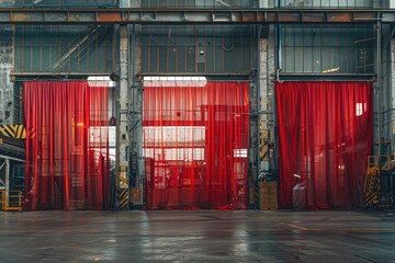 Red curtains divide several workshops with machines or parts in a warehouse with huge metallic spare parts. This image showcases the importance of organization and separation in an industrial setting.