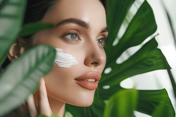 A beautiful woman with clean, healthy skin was applying cream to her cheeks against a white background with green leaves next to her hands. Skincare concept, beauty concept
