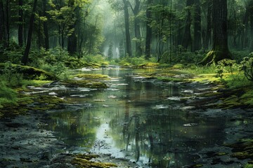 Obraz premium The forest and swamp, where puddles and moss intertwine to create a captivating natural tapestry.