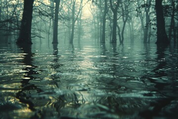 Fototapeta premium The forest and swamp, where puddles and moss intertwine to create a captivating natural tapestry.