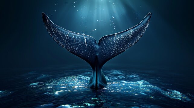 Whale tail emerging from the dark ocean for marine life design
