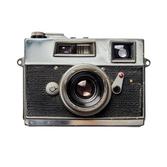 A vintage camera with a black body and silver lens