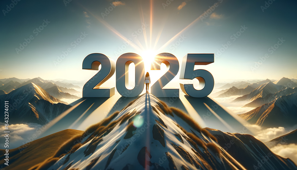 Poster a person standing on a mountain peak with the numbers 