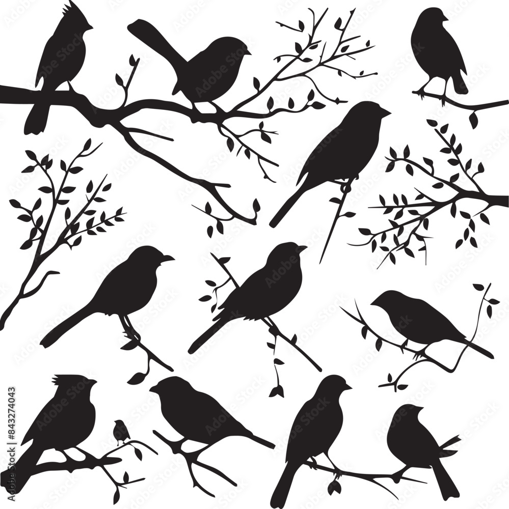 Wall mural set of silhouettes of birds on a branch