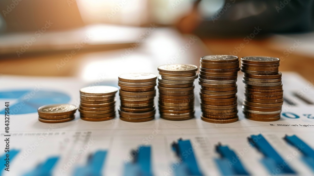 Poster a stack of coins on top of a piece of paper with a pie chart. the coins are arranged in a pyramid sh