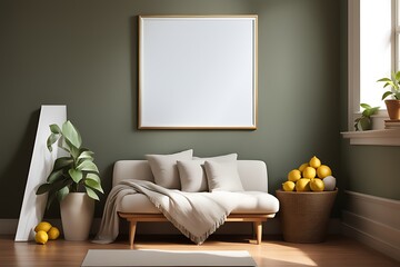 Cozy home interior with frame mockup, 3d render