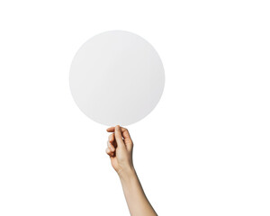 a hand holding up a blank circle sign on a PNG transparent background	