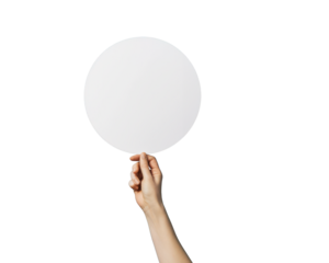 a hand holding up a blank circle sign on a PNG transparent background	