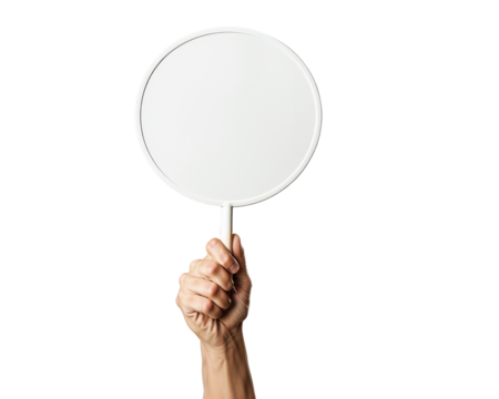 a hand holding up a blank circle sign on a PNG transparent background	